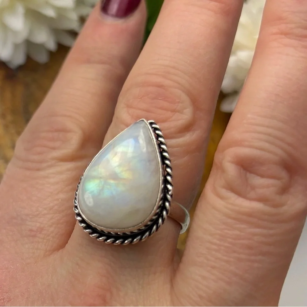Top Quality Rainbow Moonstone Ring Size 8 3/4 Pear Sterling Silver 925 Overlay